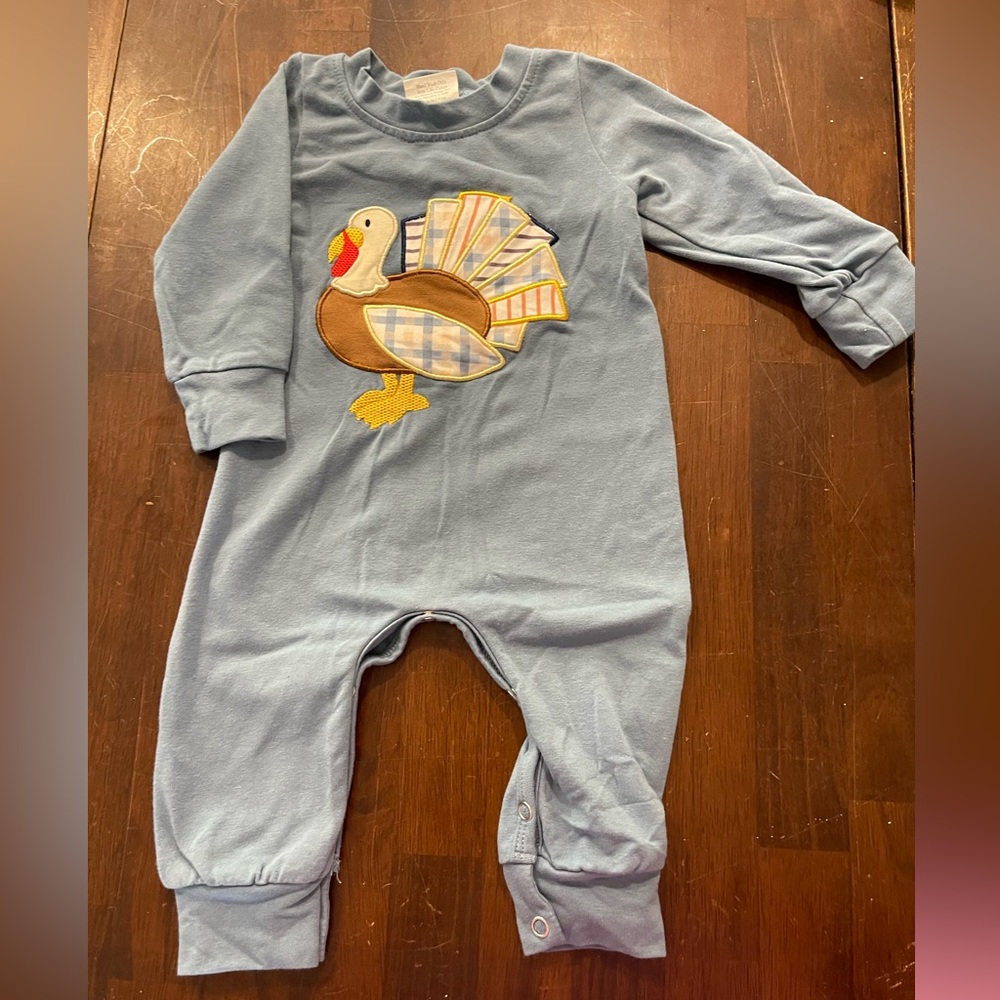 Blue Long-Sleeve Baby Footie with Turkey Appliqué
